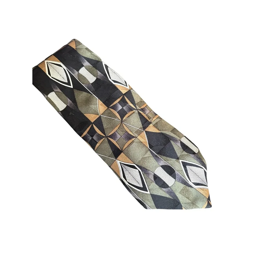 L'Atelier Men's Geometric Neck Tie Green Black Tan Abstract USA Made 58